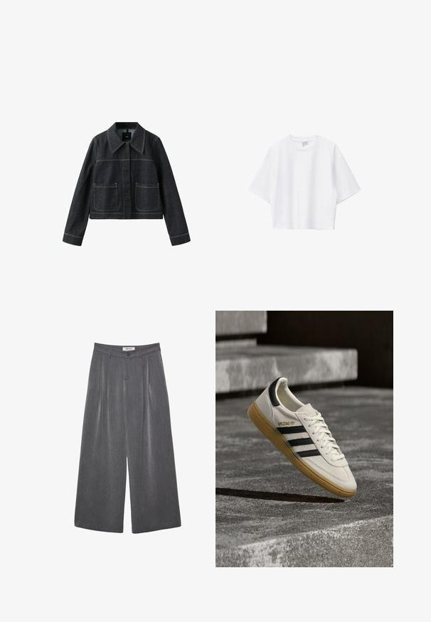 Veste en denim foncé avec col large, deux poches plaquées avant, manches longues et coutures contrastantes visibles.; T-shirt blanc court en coton doux, avec col rond, manches courtes et coupe décontractée. Design simple et polyvalent.; Pantalon gris à jambes larges avec plis, confectionné dans un tissu doux. Dispose d'une fermeture à boutons et d'une taille cintrée.; Baskets Adidas Spezial blanches avec des rayures noires et une semelle en gomme flottant au-dessus de marches en pierre grises à l'extérieur.