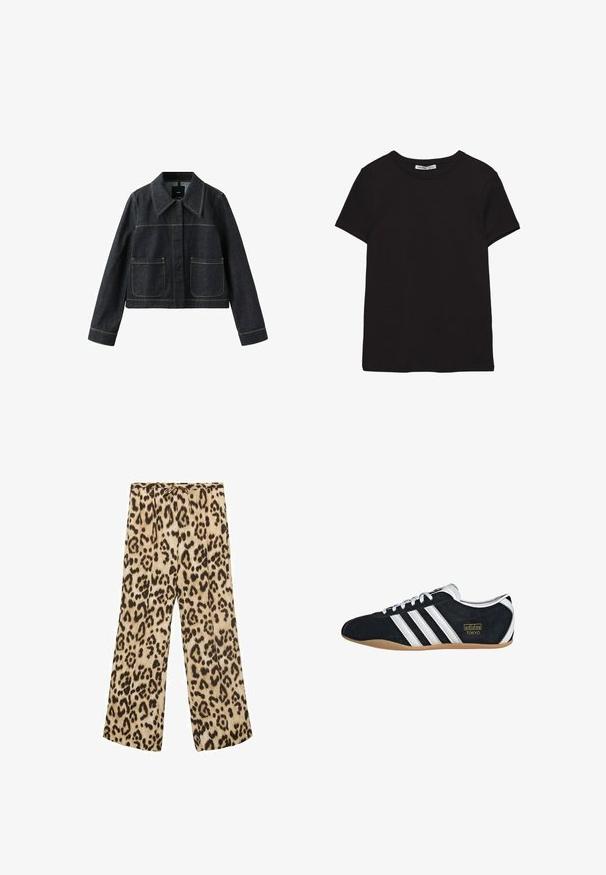 Mørk denimjakke med bred krave, to forlommer, lange ærmer og synlige kontrastsømme.; Sort kortærmet t-shirt i bomuld med rund halsudskæring, standard pasform og synlig indvendig halsmærkat.; Betræksbukser med leopardmønster i beige og brun, med snøre i taljen, glat stof og en afslappet pasform.; Sort ruskinds sneaker med hvide tre striber, guldlogo og en brun gummisål. Har et lavprofil snørebåndsdesign.