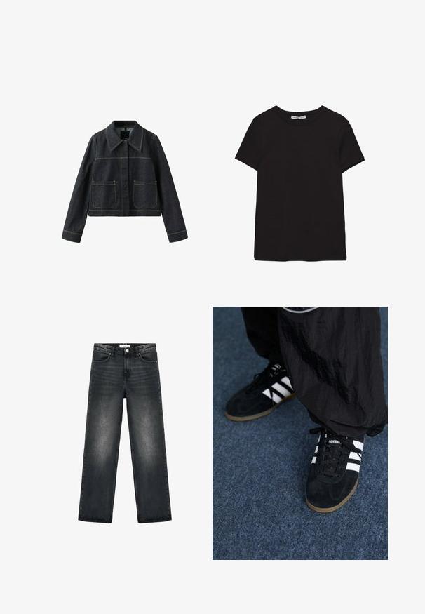 Dunkle Jeansjacke mit weitem Kragen, zwei aufgesetzten Taschen vorne, langen Ärmeln und sichtbaren Kontrastnähten.; Schwarzes, kurzärmliges Baumwoll-T-Shirt mit rundem Halsausschnitt, Standardpassform und sichtbarem innerem Nackenetikett.; Schwarze Jeans aus Denim mit lockerer Passform, geraden Beinen und leichter Ausbleichung. Verfügt über einen Knopfverschluss und ein fünf Taschen-Design für Funktionalität.; Schwarze Wildleder-Sportschuhe mit drei weißen Streifen und schwarzen Schnürsenkeln. Eine strukturierte schwarze Hose ist teilweise neben den Schuhen sichtbar.