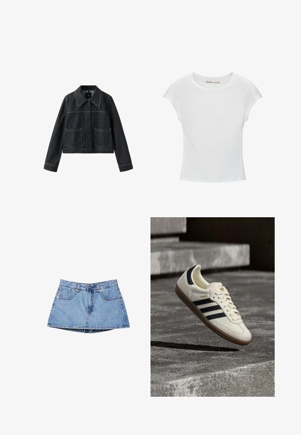 Veste en denim foncé avec col large, deux poches plaquées avant, manches longues et coutures contrastantes visibles.; T-shirt en coton blanc avec manches courtes retroussées, encolure ronde et ourlet droit. Texture lisse sans motifs ni accents visibles.; Mini-jupe en jean bleu avec boutons à l'avant, fermeture éclair, passants pour ceinture et deux poches avant sur fond blanc.; Baskets blanches Adidas Samba avec des bandes noires et une semelle en gomme, flottant au-dessus de marches en béton gris texturé.