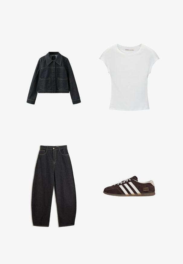 Donkere spijkerjack met brede kraag, twee voorvakken met klep, lange mouwen en zichtbare contraststiksels.; Witte katoenen T-shirt met korte, opgerolde mouwen, een ronde halslijn en een rechte zoom. Gladde textuur zonder zichtbare patronen of accenten.; Zwarte denim wijde pijpenbroek met een hoge taille, voorzien van gele stiksels, twee voorkruiken en een enkele knoopsluiting.; Bruine suède sneakers met drie witte strepen, rubberen zool en een tekstlabel met de tekst "Gazelle" in goud. Vetersluiting met grijze veters.