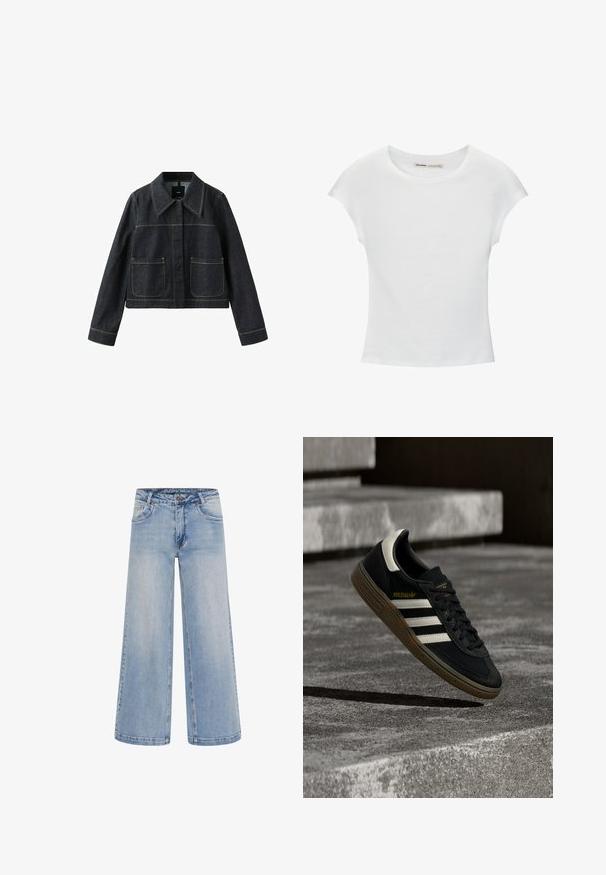 Mørk denimjakke med bred krave, to forlommer, lange ærmer og synlige kontrastsømme.; Hvid bomuld t-shirt med korte, opsmøgede ærmer, rund halsudskæring og lige kant. Glat tekstur uden synlige mønstre eller detaljer.; Lyseblå brede jeans med høj talje, fem lommer og kontrastsyninger. Fremstillet af denim med en glat tekstur.; Sort Adidas-sneaker med hvide striber og gummisåler, svævende over grå betontrapper i naturligt lys.