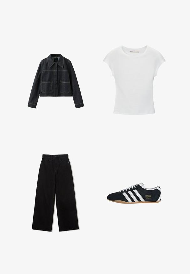 Mørk denimjakke med bred krave, to forlommer, lange ærmer og synlige kontrastsømme.; Hvid bomuld t-shirt med korte, opsmøgede ærmer, rund halsudskæring og lige kant. Glat tekstur uden synlige mønstre eller detaljer.; Sorte, vidde jeans lavet af denim med høj talje, med en fem-lomme design og en enkelt knaplukning foran.; Sort ruskinds sneaker med hvide tre striber, guldlogo og en brun gummisål. Har et lavprofil snørebåndsdesign.