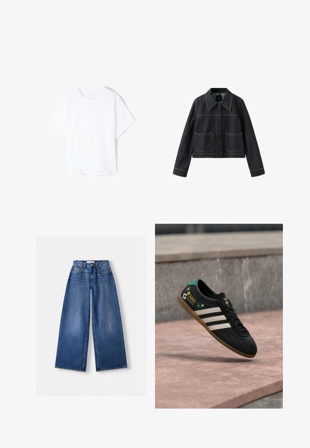 Mørk denimjakke med bred krave, to forlommer, lange ærmer og synlige kontrastsømme.; Enkelt hvid bomulds T-shirt med korte ærmer og rund hals, vist fladt på en hvid baggrund.; Bredbenet blå denimjeans med forlommer, bæltestropper og knaplukning, lagt fladt på en lys baggrund.; Sort atletiksko med hvide striber, mønstret overdel med blomsterdetaljer og en grøn hæl. Gummisål, der giver godt greb.