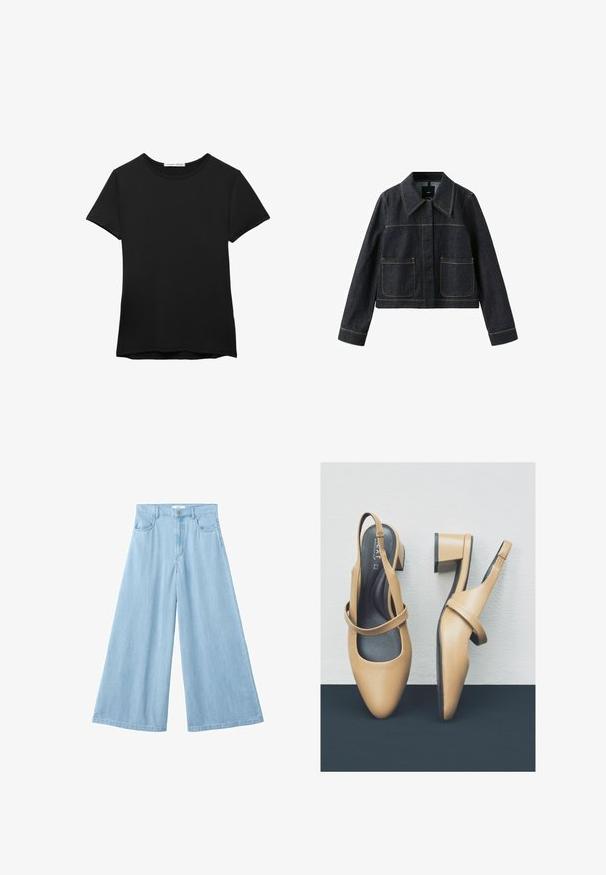 Mørk denimjakke med bred krave, to forlommer, lange ærmer og synlige kontrastsømme.; Sort kortærmet t-shirt lavet af glat stof. Har en rund halsudskæring og en afslappet pasform med en lige kant.; Lyseblå højttaljede vidde-ben jeans med forlommer, bæltestropper, knaplukning og lynlås.; Brune læder slingback sko med en lav firkantet hæl, der har en rund tå og et dekorativt bånd over vristen.