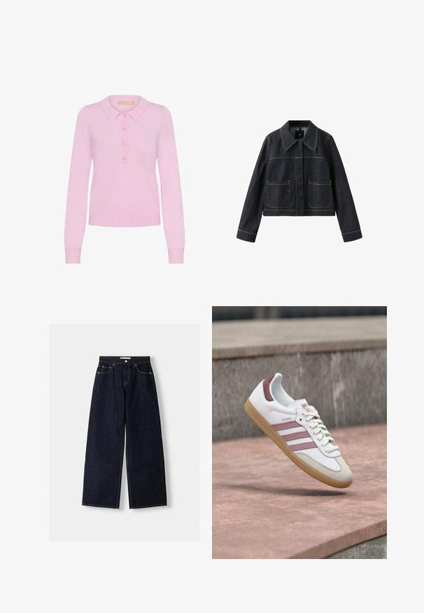 Mørk denimjakke med bred krave, to forlommer, lange ærmer og synlige kontrastsømme.; Rosa strikket langærmet polo sweater med krave, der har en fem-knaps placket og ribbet kant. Blød tekstur, tætsiddende design.; Mørkeblå denim wide-leg jeans med høj talje, fem lommer, kontraststing og sølvfarvet metalbeslag. Glat overflade og pæn finish.; Hvid og pink Adidas Samba sneaker med gummisål, der svæver over en stenoverflade med en sløret stenvæg i baggrunden.