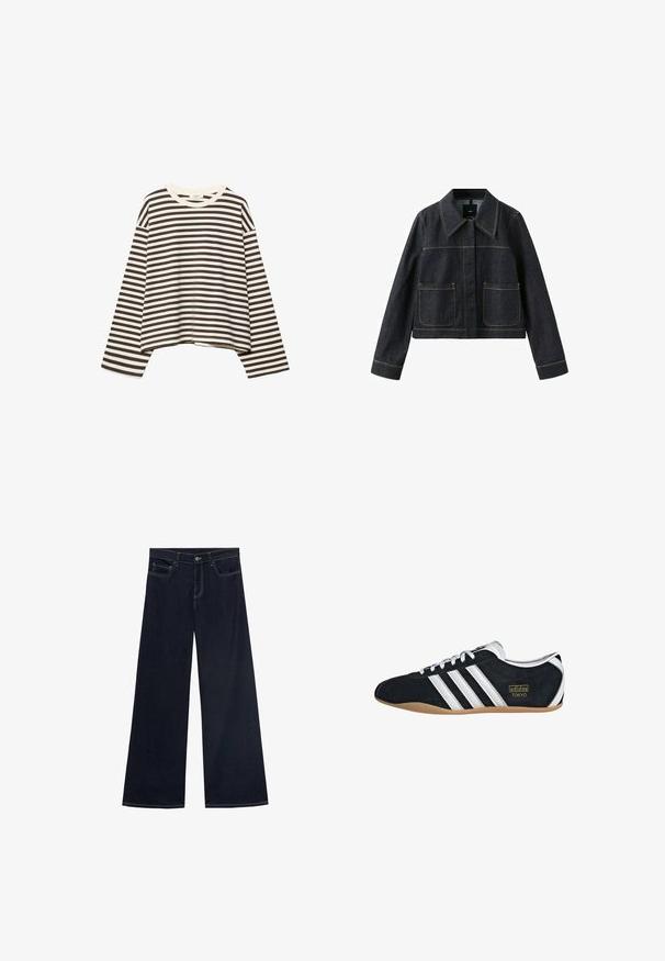 Mørk denimjakke med bred krave, to forlommer, lange ærmer og synlige kontrastsømme.; Langærmet cropped skjorte med sorte og hvide horisontale striber og rund halsudskæring, vist på en hvid baggrund.; Viddebenede jeans i mørkeblå denim med gul syning, fem lommer og en knaplukning. Glat tekstur, afslappet design.; Sort ruskinds sneaker med hvide tre striber, guldlogo og en brun gummisål. Har et lavprofil snørebåndsdesign.
