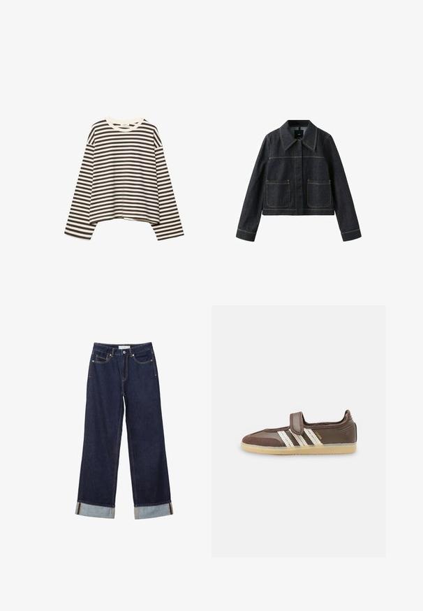 Veste en denim foncé avec col large, deux poches plaquées avant, manches longues et coutures contrastantes visibles.; Chemise courte à manches longues avec des rayures horizontales noires et blanches et un col rond, présentée sur un fond blanc.; Jean denim bleu foncé à jambes larges avec ourlets retroussés, bouton devant, braguette zippée et design à cinq poches.; Baskets marron avec semelle en caoutchouc beige, trois bandes blanches sur le côté et une seule bride Velcro sur le dessus.