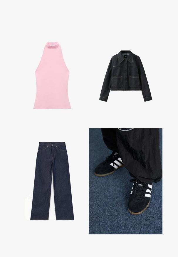 Mørk denimjakke med bred krave, to forlommer, lange ærmer og synlige kontrastsømme.; Lyserød ærmeløs top med høj krave, lavet af et glat strikstof. Har en tætsiddende form og rene kanter. Ingen synlige mønstre eller detaljer.; Mørkeblå vidde-ben cowboybukser med knaplukning foran, lynlås og lommer foran og bagpå, vist fladt på en hvid baggrund.; Sorte suedetrainingssko med tre hvide striber og sorte snørebånd. Et tekstureret sort bukser er delvist synligt ved siden af skoene.