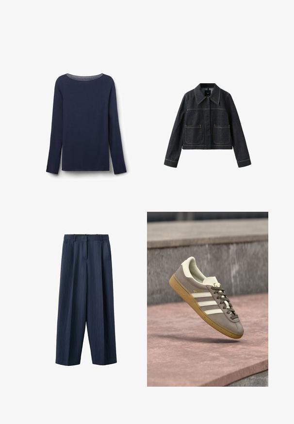 Veste en denim foncé avec col large, deux poches plaquées avant, manches longues et coutures contrastantes visibles.; Haut à manches longues bleu marine en tissu doux, avec un col rond et une coupe décontractée. Les bords de l'ourlet et des manches sont soigneusement finis.; Pantalon large à rayures fines bleu marine avec passants pour ceinture et poches latérales, confectionné avec un pli sur le devant et une fermeture éclair.; Baskets Adidas en suède marron clair avec des rayures blanches et une semelle gomme, suspendues au-dessus de marches en pierre rose en plein air.