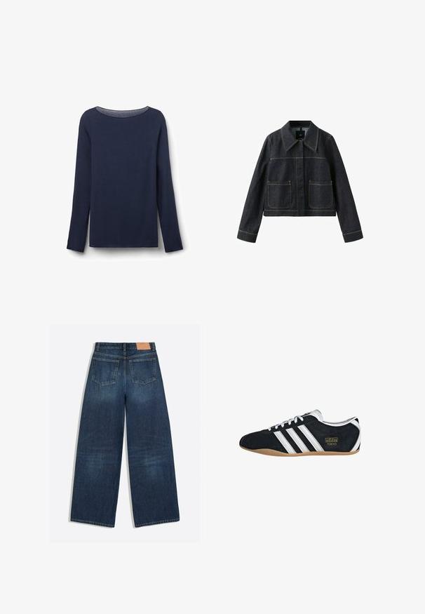 Mørk denimjakke med bred krave, to forlommer, lange ærmer og synlige kontrastsømme.; Langærmet marineblå top lavet af blød stof, med en rund halsudskæring og en afslappet pasform. Kantene på kanten og ærmerne er pænt afsluttet.; Mørkeblå vidbenede denimjeans med to baglommer og et brunt læderbrandmærke i linningen.; Sort ruskinds sneaker med hvide tre striber, guldlogo og en brun gummisål. Har et lavprofil snørebåndsdesign.