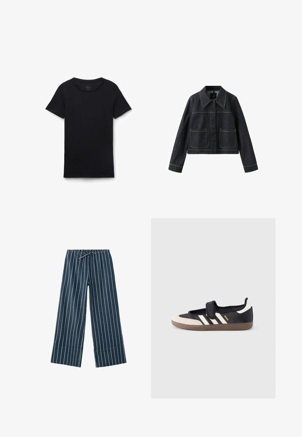 Mørk denimjakke med bred krave, to forlommer, lange ærmer og synlige kontrastsømme.; Sort t-shirt med korte ærmer og rund hals lagt fladt på hvid baggrund, der viser forfra og glat stoftekstur.; Marineblå bukser med vide ben og hvide lodrette striber, elastisk talje og snørelukning foran.; Sort og beige sko med velcrolukning, tre hvide striber på siden og en tekstureret brun gummisål. Mærkelogo er synligt.