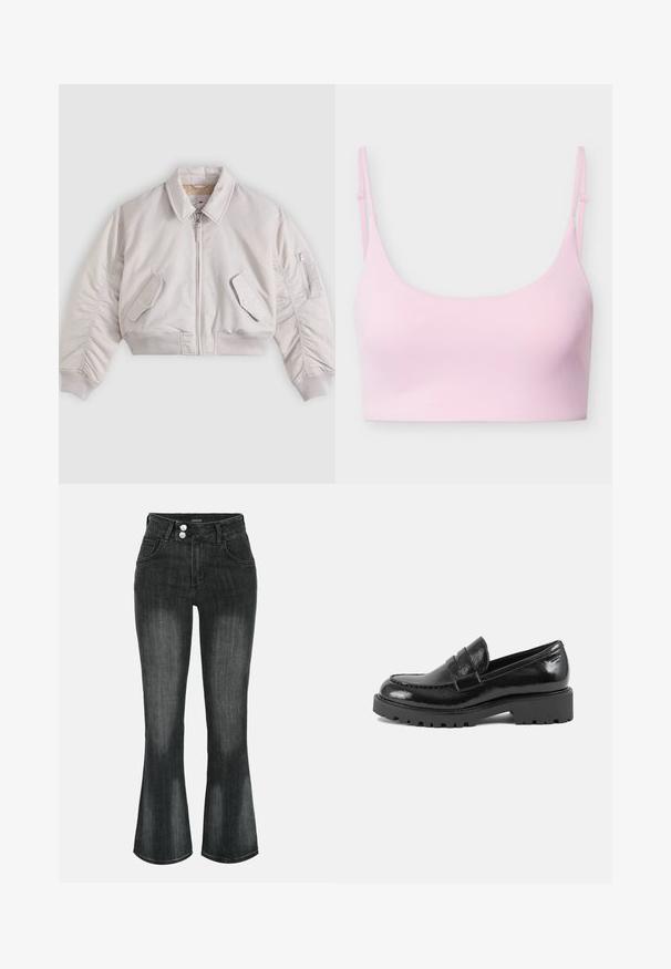 Lichtbeige cropped bomberjack met frontale ritssluiting, klepzakken met knopen, met rits afsluitbare mouwzak en geribbelde manchetten en zoom.; Lichtroze naadloze bralette met dunne verstelbare schouderbandjes en een glad, eenvoudig ontwerp.; Zwart gewassen denim jeans met hoge taille, dubbele knoopsluiting, voorzakken en licht uitlopende pijpen.; Zwarte laarsjes van patentaal leer met een gestructureerde neus, een decoratieve band over de wreef en een dikke, robuuste zool. Gladde, glanzende afwerking.
