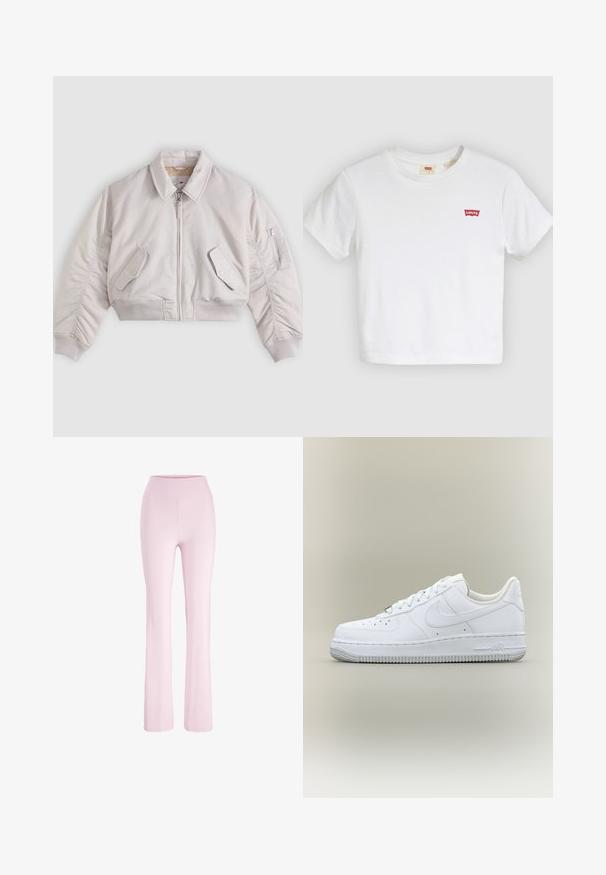 Lys beige cropped bombersjakke med lynlås foran, lommer med knapklap, lynlåslomme på ærmet samt ribstrikkede manchetter og kant.; Hvid T-shirt med korte ærmer og rund halsudskæring med lille rødt Levi's-logo på venstre bryst.; Lyserøde yoga bukser med høj talje med tætsiddende pasform over lårene og let udvidede ben, vist på en hvid baggrund.; Hvid Nike Air Force 1 sneaker med lavt skaft, snørebånd, perforeret tå og tekstureret gummisål på neutral baggrund.