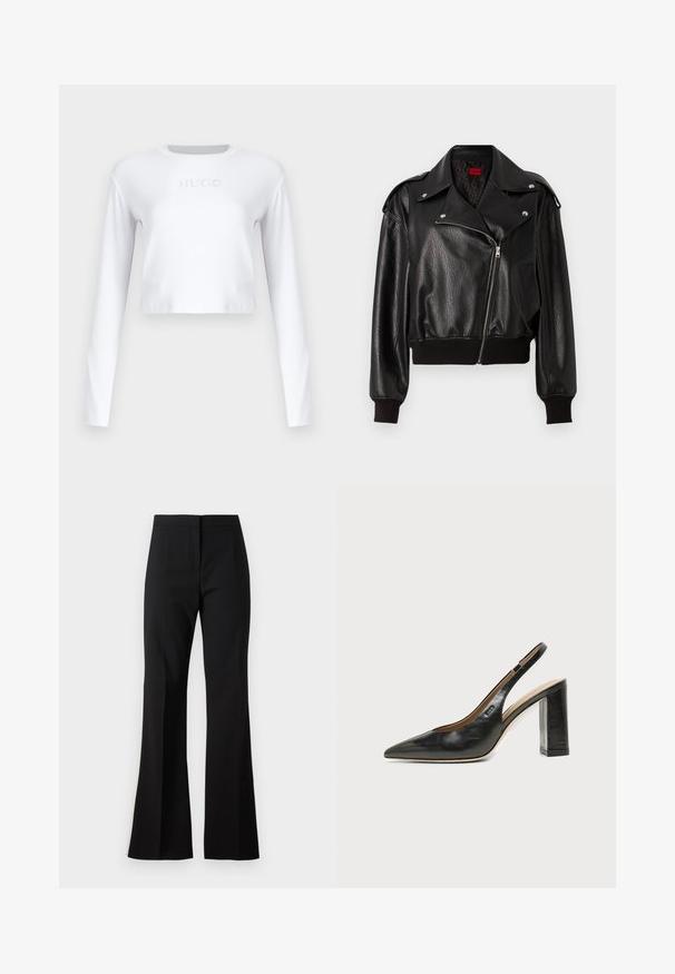 Veste en cuir noire courte avec fermeture éclair asymétrique, larges revers et poignets et ourlet côtelés. Présente une finition texturée et une poche latérale.; Top court à manches longues blanc en tissu lisse, avec un logo "HUGO" subtil en gris clair sur le devant.; Pantalon noir évasé en tissu lisse, avec une taille haute, des plis sur le devant et une finition nette aux ourlets.; Chaussure slingback en cuir noir à bout pointu avec un talon bloc haut et une doublure intérieure beige sur un fond clair uni.