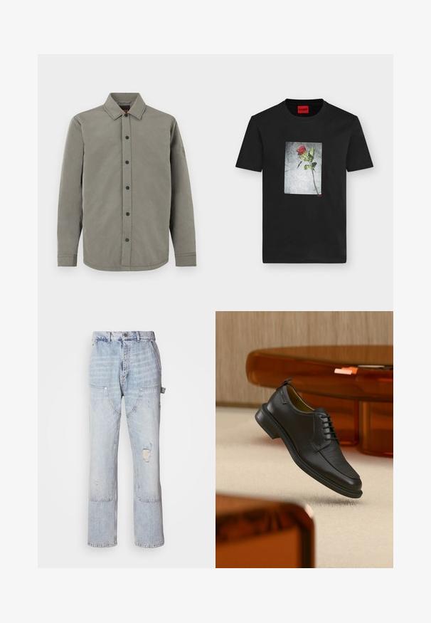 Camisa gris con botones, cuello abatible, mangas largas, botones negros y un pequeño parche con logo en la manga izquierda. Textura suave.; Camiseta negra de manga corta con un gráfico centrado de una sola rosa roja sobre un fondo gris texturizado y un pequeño logo rojo "HUGO".; Jeans de carpintero de mezclilla azul claro con múltiples bolsillos, cierre de botón frontal y cremallera, y detalle desgastado en el muslo derecho.; Zapato de vestir negro de piel con cordones y parte delantera texturizada, flotando sobre una alfombra beige en una habitación moderna con muebles de tono ámbar.