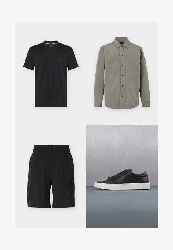 Chemise grise à boutons avec col rabattu, manches longues, boutons noirs et un petit patch logo sur la manche gauche. Texture lisse.; T-shirt noir à manches courtes et col rond avec petit logo brodé sur la poitrine gauche, présenté sur fond uni.; Shorts noirs mi-cuisses avec poches zippées latérales et fermeture par bouton à la taille, présentés sur un fond blanc uni.; Baskets en cuir noir avec un bout rond, surface texturée, semelle en caoutchouc blanc et lacets noirs. Design minimaliste avec un profil épuré.