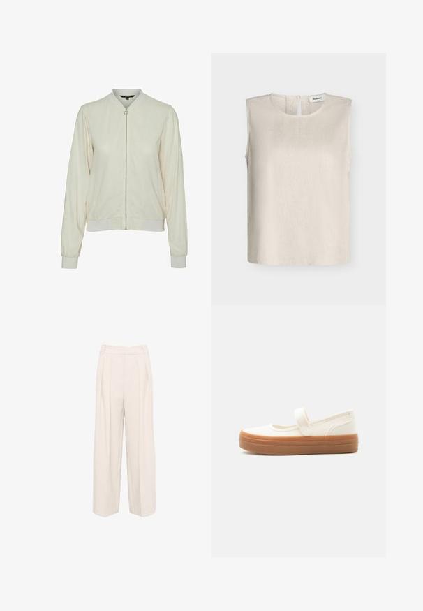 Cazadora bomber crema con cremallera frontal, puños y cuello de canalé. Tejido suave con una textura sutil, que cuenta con bolsillos laterales.; Top sin mangas en mezcla de lino beige con escote redondo y cierre con cremallera en la espalda de Modström, presentado sobre fondo liso.; Pantalones de pierna ancha en un color beige claro. Confeccionados en una tela suave y texturizada, con doble pinza y un diseño de cintura alta.; Zapato Mary Jane de lona blanca con una suela gruesa de goma marrón y una sola correa en la parte superior.