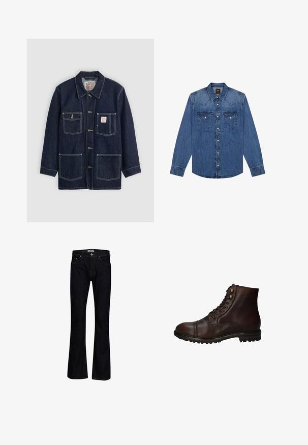 Mørkeblå denimjakke med krave, frontknaplukning, to brystlommer og to nederste lommer. Kontrastfarvet hvid syning som fremhæver designet.; Blå denim langærmet skjorte med knapper, to brystlommer og spids nakkesøm, mærket med en lille Lee-etiket på højre lomme.; Mørkeblå bukseskær med flared fit lavet af denim med en glat tekstur. Har fem lommer, messingbeslag og kontrastsygning.; Mørkebrun læder snørebånd ankelstøvle med robuste gummisål og metaløjer, set fra den ydre side.