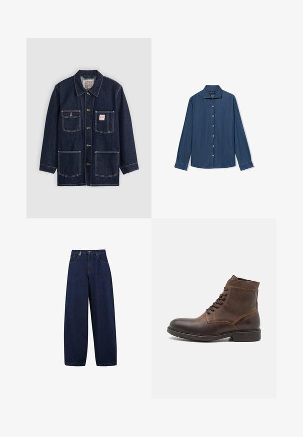 Dunkelblaue Jeansjacke mit Kragen, vorderem Knopfverschluss, zwei Brusttaschen und zwei unteren Taschen. Kontrastierende weiße Nähte setzen Akzente.; Langärmliges, knöpfbares Denim-Hemd mit spitzem Kragen und weißen Knöpfen, auf einem weißen Hintergrund flach ausgelegt.; Lässige, dunkelblaue Denim-Jeans mit hoher Taille, Fronttaschen und geradem Bein. Enthält silberfarbene Hardware und minimalistische Nähte.; Jack & Jones JFWDELANEY BOOT - Schnürstiefelette - cognac