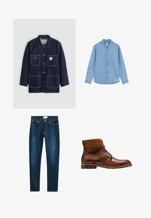 Mørkeblå denimjakke med krave, frontknaplukning, to brystlommer og to nederste lommer. Kontrastfarvet hvid syning som fremhæver designet.; Lyseblå denim skjorte med lange ærmer, knappet krave og knapper foran, med et lille Lee-mærke ved bunden af kanten.; Mørkeblå jeans lavet af denim, med en lige ben-design, fem lommer, kobberfarvede nitter og subtilt farvetone på stoffet.; Kazar ALID - Snørestøvletter - brown