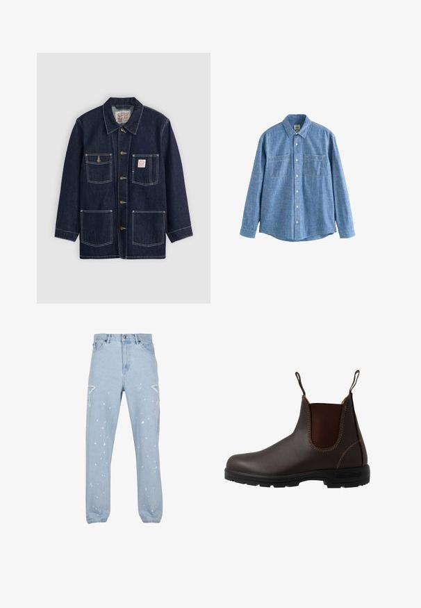 Mørkeblå denimjakke med krave, frontknaplukning, to brystlommer og to nederste lommer. Kontrastfarvet hvid syning som fremhæver designet.; Langærmet blå chambray-skjorte med knaplukning foran og to brystlommer, lagt fladt på en hvid baggrund.; Lysblå denim jeans med en afslappet pasform, der har stjerneformede udsparinger, malersplatter og et klassisk fem-lomme-design.; Brun læder Chelsea-støvle med elastisk sidepanel, brun syning, trækstropper og en holdbar gummisål med et tekstureret mønster.