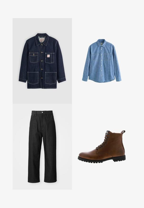 Dunkelblaue Jeansjacke mit Kragen, vorderem Knopfverschluss, zwei Brusttaschen und zwei unteren Taschen. Kontrastierende weiße Nähte setzen Akzente.; Langärmliges blaues Chambray-Hemd mit Knopfleiste und zwei Brusttaschen, flach auf weißem Hintergrund liegend.; Schwarze Jeanshose mit relaxtem Schnitt, hohem Bund, Reißverschluss und Fünf-Taschen-Design. Sichtbare Nähte setzen Akzente.; Braune Lederstiefeletten mit strukturiertem Finish, metallischen Ösen und schwarzer Gummisohle. Mit Zuglasche hinten für einfaches An- und Ausziehen.