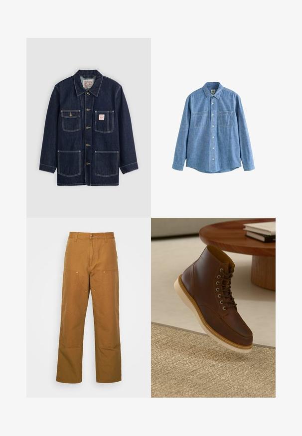 Mørkeblå denimjakke med krave, frontknaplukning, to brystlommer og to nederste lommer. Kontrastfarvet hvid syning som fremhæver designet.; Langærmet blå chambray-skjorte med knaplukning foran og to brystlommer, lagt fladt på en hvid baggrund.; Brune bomuldsarbejdsbukser med lige ben-design, der har frontlommer og metalhardware detaljer for ekstra holdbarhed.; Brune læderankelstøvle med beige sål på et struktureret beige tæppe ved siden af et rundt træbord med stakke af bøger.