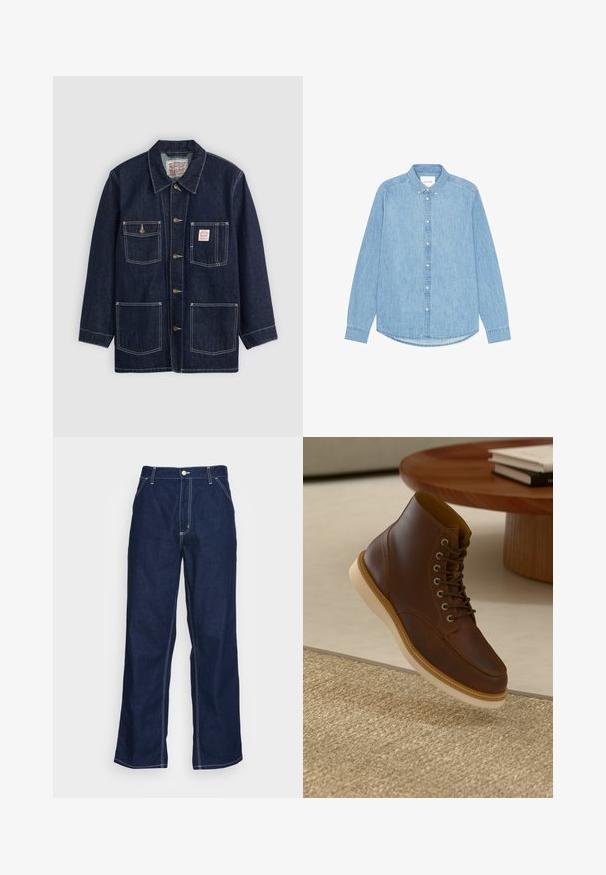 Dunkelblaue Jeansjacke mit Kragen, vorderem Knopfverschluss, zwei Brusttaschen und zwei unteren Taschen. Kontrastierende weiße Nähte setzen Akzente.; Hellblaues Denim-Hemd mit Knöpfen, langen Ärmeln, spitzem Kragen und abgerundetem Saum. Verfügt über eine vordere Knopfverschlussleiste und ein kleines Logodetail.; Dunkelblaue Denim-Hosen mit weitem Bein, hoher Taille, Fronttaschen und kontrastierendem weißen Nähten entlang der Säume.; Braune Leder-Ankle-Boots mit beiger Sohle auf einem strukturierten beigen Teppich neben einem runden Holztisch mit gestapelten Büchern.
