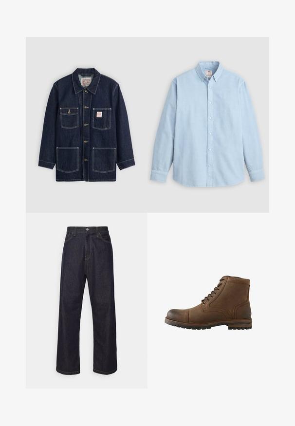 Dunkelblaue Jeansjacke mit Kragen, vorderem Knopfverschluss, zwei Brusttaschen und zwei unteren Taschen. Kontrastierende weiße Nähte setzen Akzente.; Hellblaues Hemd mit langem Arm, Knopfleiste, Button-Down-Kragen und einer einzelnen Brusttasche, flach liegend auf grauem Hintergrund.; Dunkelblaue Jeans im geraden Schnitt mit gelben Nähten, Knopfverschluss, Reißverschluss und Fünf-Taschen-Design.; Brauner Leder-Stiefel mit Schnürung vorne und robuster Sohle, geeignet für Freizeit- oder Outdoor-Einsätze.