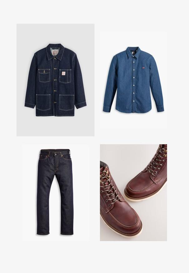 Dunkelblaue Jeansjacke mit Kragen, vorderem Knopfverschluss, zwei Brusttaschen und zwei unteren Taschen. Kontrastierende weiße Nähte setzen Akzente.; Dunkelblaue Jeanshemd mit langen Ärmel, Kragen und Knopfverschluss. Mit einem kleinen roten Levi's-Logo auf der Brust. Glatte Textur.; Dunkelblaue gerade geschnittene Jeans aus Denim mit fünf Taschen und orangefarbenen Kontrastnähten, flach auf einem weißen Hintergrund ausgelegt.; Braune Lederstiefel mit einer glatten Oberfläche, ausgestattet mit Metallösen, grauen Schnürsenkeln und einer cremefarbenen Gummisohle. Nahtdetail entlang der Kanten.