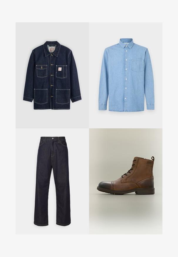 Dunkelblaue Jeansjacke mit Kragen, vorderem Knopfverschluss, zwei Brusttaschen und zwei unteren Taschen. Kontrastierende weiße Nähte setzen Akzente.; Hellblaues Denim-Hemd mit langen Ärmeln, einer Brusttasche, Knopfleiste und klassischem Kragen vor weißem Hintergrund.; Dunkelblaue Jeans im geraden Schnitt mit gelben Nähten, Knopfverschluss, Reißverschluss und Fünf-Taschen-Design.; Brauner Leder-Schnürstiefel bis zum Knöchel mit schwarzer Zehenkappe, runder Sohle und Markenlabel an der Seite vor schlichtem Hintergrund.