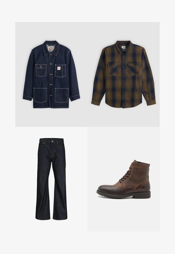 Veste en denim bleu foncé avec col, fermeture à boutons sur le devant, deux poches poitrine et deux poches inférieures. Coutures blanches contrastantes.; Chemise boutonnée à manches longues avec motif à carreaux marron et bleu marine et deux poches poitrine boutonnées, posée à plat sur fond blanc.; Jeans bleu foncé à coupe droite avec cinq poches, fermeture par bouton et couture orange visible sur la taille et les coutures.; Jack & Jones JFWDELANEY BOOT - Bottines à lacets - cognac
