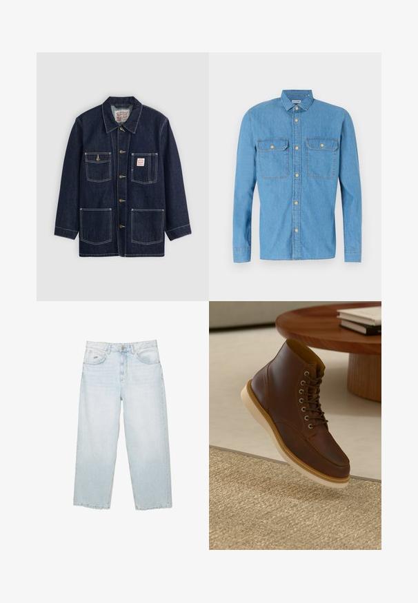 Donkerblauwe denimjas met kraag, sluiting aan de voorkant met knopen, twee borstzakken en twee onderzakken. Contrasterende witte stiksels accentueren de jas.; Lichtblauw denim overhemd met lange mouwen, knoopsluiting aan de voorkant, twee borstzakken, puntige kraag en gouden knopen. Gladde textuur, casual ontwerp.; Lichtblauwe hoge taille straight-leg jeans met een knoop aan de voorkant, zakken en een klein gemerkt metalen label op de rechter voorkzak.; Bruine leren enkelboot met beige zool op een gestructureerd beige vloerkleed naast een ronde houten tafel met opgestapelde boeken.