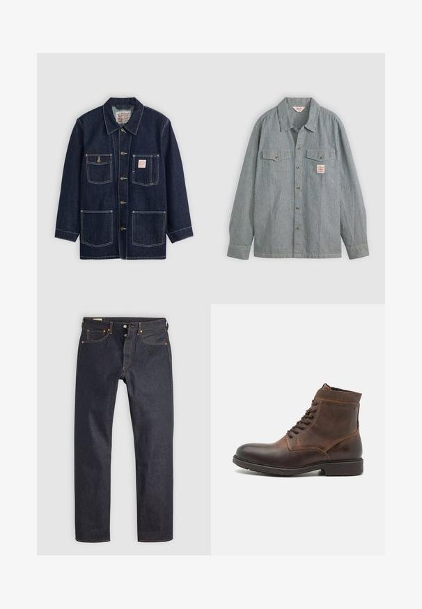 Dunkelblaue Jeansjacke mit Kragen, vorderem Knopfverschluss, zwei Brusttaschen und zwei unteren Taschen. Kontrastierende weiße Nähte setzen Akzente.; Gestreifte Hemd in Blau und Weiß, mit Kragen, zwei Brusttaschen und einem kleinen Etikett. Hergestellt aus leichtem Stoff.; Dunkelblaue Jeans aus Denim mit geradem Bein, versehen mit orangefarbener Naht und klassischem Five-Pocket-Design. Verschluss mit Knopf und Reißverschluss.; Jack & Jones JFWDELANEY BOOT - Schnürstiefelette - cognac