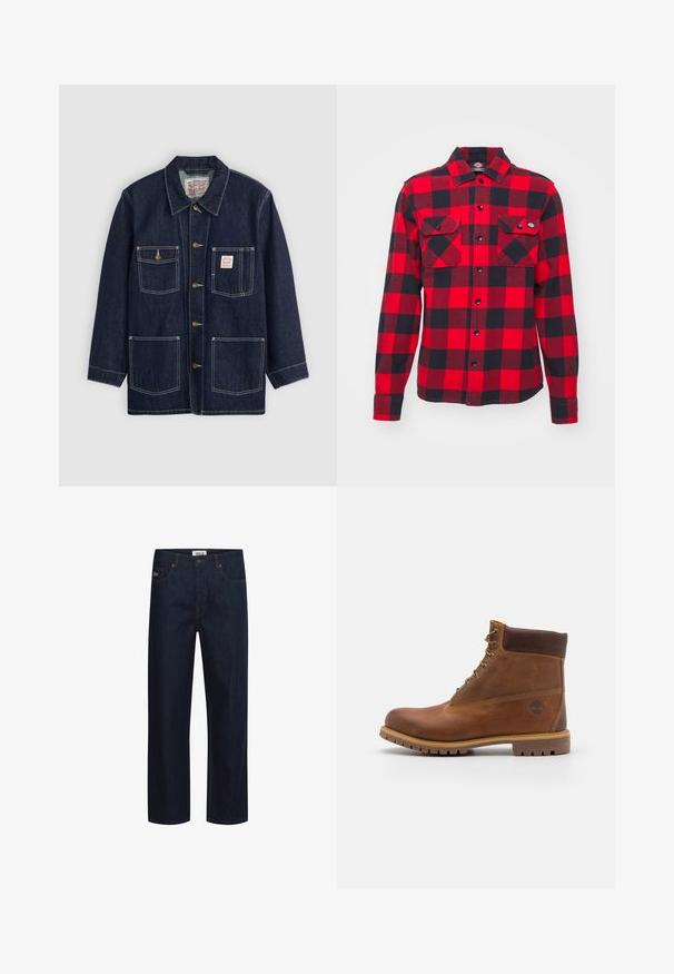 Veste en denim bleu foncé avec col, fermeture à boutons sur le devant, deux poches poitrine et deux poches inférieures. Coutures blanches contrastantes.; Chemise en flanelle à carreaux rouge et noir avec des manches longues, deux poches poitrine et une fermeture à boutons, dotée d'un col classique et d'un tissu texturé.; Jean en denim bleu foncé avec une coupe droite, doté de cinq poches, de coutures contrastées et d'une étiquette de marque sur la ceinture.; Botte de randonnée en cuir marron avec une finition lisse, cheville rembourrée, œillets en métal et semelle en caoutchouc dotée d'un motif de crampons robuste.