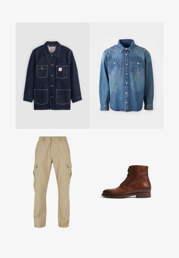Dunkelblaue Jeansjacke mit Kragen, vorderem Knopfverschluss, zwei Brusttaschen und zwei unteren Taschen. Kontrastierende weiße Nähte setzen Akzente.; Jeanshemd in Mittelblau, mit spitzem Kragen, zwei Brusttaschen und silbernen Knöpfen. Lange Ärmel mit Knopfmanschetten.; Beige Cargo-Hosen aus Baumwolltwill mit mehreren Seitentaschen, geradem Bein Design und einem Reißverschluss mit Gürtelschlaufen.; Braune Leder-Stiefeletten mit runder Zehenform, 6 Ösen und einer glatten, strukturierten Oberfläche. Mit niedrigem, gestapeltem Absatz und kontrastierenden Nähten.
