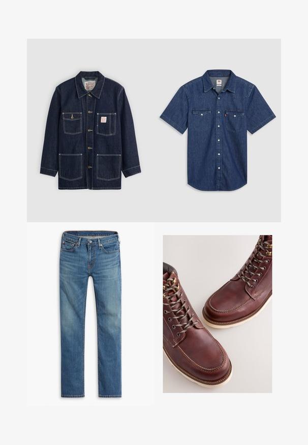 Dunkelblaue Jeansjacke mit Kragen, vorderem Knopfverschluss, zwei Brusttaschen und zwei unteren Taschen. Kontrastierende weiße Nähte setzen Akzente.; Kurzärmeliges Jeanshemd in Dunkelblau mit zwei Brusttaschen, durchgehender Knopfleiste und einem Kragen mit verstärkten Nähten.; Blaue gerade geschnittene Jeans mit Knopf- und Reißverschluss vorne, Fünf-Taschen-Design und dezenten Ausbleichungen an Oberschenkeln und Knien.; Braune Lederstiefel mit einer glatten Oberfläche, ausgestattet mit Metallösen, grauen Schnürsenkeln und einer cremefarbenen Gummisohle. Nahtdetail entlang der Kanten.