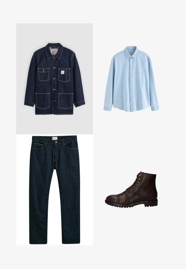 Donkerblauwe denimjas met kraag, sluiting aan de voorkant met knopen, twee borstzakken en twee onderzakken. Contrasterende witte stiksels accentueren de jas.; Lichtblauw denim overhemd met lange mouwen, knopen en kraag, medium maat, weergegeven tegen een witte achtergrond.; Donkerblauwe denim jeans met een recht model, vijf zakken en contrasterende stiksels op de naden. Gladde stofstructuur.; Donkergrote leren veterschoenen tot de enkels met een robuuste rubberen zool en metalen veters, gezien vanuit de buitenzijde.