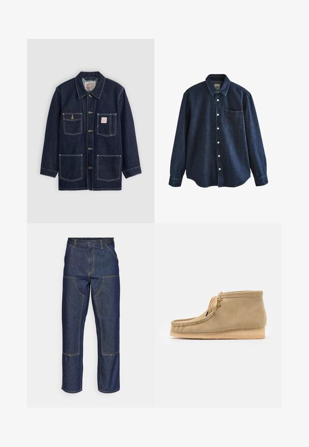 Dunkelblaue Jeansjacke mit Kragen, vorderem Knopfverschluss, zwei Brusttaschen und zwei unteren Taschen. Kontrastierende weiße Nähte setzen Akzente.; Dunkelblaues Jeans-Langarmhemd mit Knopfleiste, Kragen und einer einzelnen Brusttasche, dargestellt vor weißem Hintergrund.; Dunkelblaue Jeans aus Denim mit hoher Taille, geradem Bein-Design, kontrastierenden Nähten und aufgesetzten Taschen auf der Vorderseite.; Beige Wildleder-Stiefeletten mit runder Spitze, flacher Sohle und einfachem Schnürdesign. Verfügt über sichtbare Nähte und eine glatte Textur.