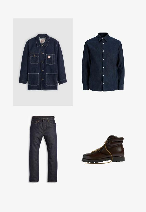 Mørkeblå denimjakke med krave, frontknaplukning, to brystlommer og to nederste lommer. Kontrastfarvet hvid syning som fremhæver designet.; Mørkeblå denimskjorte med lange ærmer, hvide knapper og spids krave, vist på hvid baggrund.; Mørkeblå denimjeans med lige snit, fem-lomme design, metalbeslag og kontrasterende orange syninger. Glat tekstur, ingen synlige mønstre.; Brun læder vandrestøvle med en afrundet tå, tekstureret overflade, gule snørebånd og metaløjer. Har en robust sort gummisål.