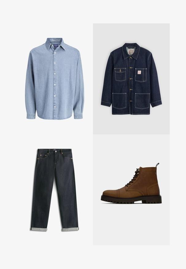 Mørkeblå denimjakke med krave, frontknaplukning, to brystlommer og to nederste lommer. Kontrastfarvet hvid syning som fremhæver designet.; Lysblå denim skjorte med lange ærmer og knapper, med krave og hvide knapper, præsenteret mod en helt hvid baggrund.; Mørkeblå denimjeans med opsmøgede bukseben, fem lommer og kontrastsyning, lagt fladt på en hvid baggrund.; Brun læder snørefri ankelstøvle med tyk sort sål og hængslet på en hvid baggrund.