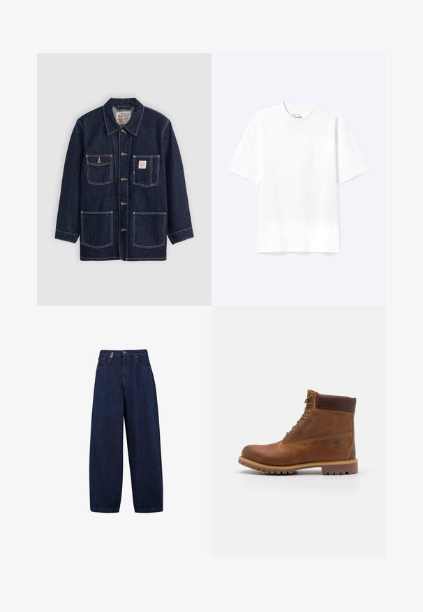 Dunkelblaue Jeansjacke mit Kragen, vorderem Knopfverschluss, zwei Brusttaschen und zwei unteren Taschen. Kontrastierende weiße Nähte setzen Akzente.; Schlichtes weißes T-Shirt mit kurzen Ärmeln und Rundhalsausschnitt in entspannter Passform, auf hellem Hintergrund dargestellt.; Lässige, dunkelblaue Denim-Jeans mit hoher Taille, Fronttaschen und geradem Bein. Enthält silberfarbene Hardware und minimalistische Nähte.; Braune Lederwanderschuhe mit glatter Oberfläche, gepolstertem Knöchel, Metallösen und einer Gummisohle mit robustem Profil.