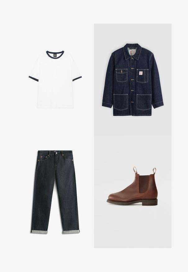 Veste en denim bleu foncé avec col, fermeture à boutons sur le devant, deux poches poitrine et deux poches inférieures. Coutures blanches contrastantes.; T-shirt blanc à manches courtes avec encolure et poignets de manches côtelés noirs, posé à plat sur fond blanc.; Jean en denim bleu foncé avec revers roulés, cinq poches et coutures contrastées, posé à plat sur un fond blanc.; Botte Chelsea en cuir marron avec panneaux élastiques sur les côtés, une languette à l'arrière et un petit talon empilé. Texture lisse avec bout arrondi et un design minimaliste.