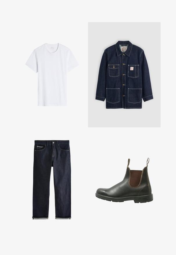 Mørkeblå denimjakke med krave, frontknaplukning, to brystlommer og to nederste lommer. Kontrastfarvet hvid syning som fremhæver designet.; Hvid, kortærmet t-shirt med rund halsudskæring. Lavet af glat bomuldsstof, den har en afslappet pasform og minimale sømme.; Mørkeblå denimjeans med opsmøgede manchetter, knap- og lynlåslukning, for- og møntlommer samt kontrastsyning på hvid baggrund.; Chelsea støvle lavet af glat sort læder med brune elastiske sidepaneler, kontrastsyet, og en struktureret gummisål.