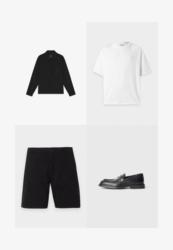 Chemise noire à manches longues avec boutons, col et une poche poitrine zippée sur le côté gauche, posée à plat sur un fond blanc.; T-shirt blanc uni à manches courtes et col rond, posé à plat sur un fond gris clair.; Shorts décontractés noirs avec fermeture par bouton, passants pour ceinture et design simple, présentés sur un fond uni.; Mocassins en cuir noir avec une finition texturée, dotés d'une bride décorative à l'avant et d'un bout arrondi. Semelle en caoutchouc pour plus de durabilité.