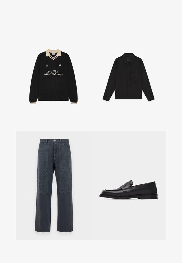 Chemise noire à manches longues avec boutons, col et une poche poitrine zippée sur le côté gauche, posée à plat sur un fond blanc.; Pull en maille noir avec col et poignets beige, avec le texte "Les Deux", une petite rose et "Est. 2011" brodés sur la poitrine.; Jean gris foncé à coupe large, avec des patchs décoratifs à l'avant présentant un motif floral discret et des détails de poches standards.; Mocassin penny en cuir noir avec un petit talon, un bout arrondi et une bride décorative sur le dessus, posé sur un fond clair uni.