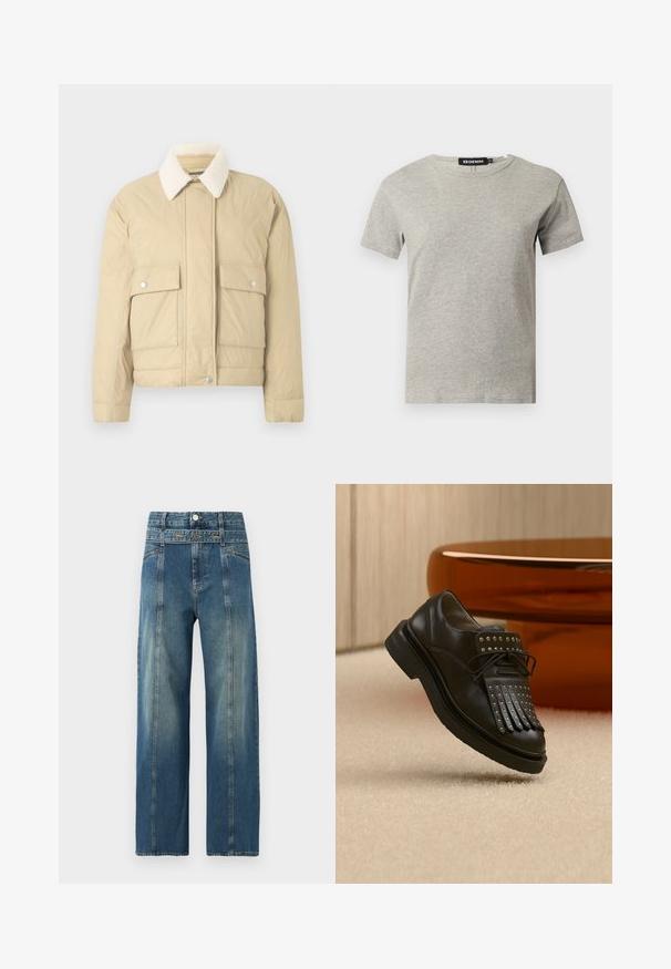 Veste matelassée beige avec un col en fausse fourrure blanche, fermeture à boutons-pression sur le devant, et deux grandes poches plaquées. Texture lisse, longueur courte.; T-shirt en coton gris clair à manches courtes et col rond avec une étiquette noire visible à l'intérieur du col indiquant "DENIM" et la taille "S."; Jean large en denim bleu taille haute avec double bouton sur le devant, passants pour ceinture et coutures verticales délavées sur chaque jambe.; Chaussure en cuir noire à lacets avec franges décoratives et clous métalliques posée sur un tapis beige près d'un meuble marron.