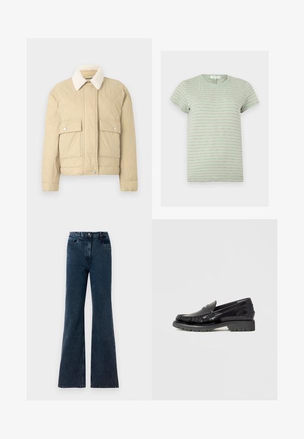 Beige polstret jakke med hvid imiteret pelskrave, forside med trykknapper og to store påsyede lommer. Glat tekstur, kort længde.; Lysegrøn kortærmet T-shirt med tynde hvide og brune vandrette striber og rund halsudskæring.; Mørkeblå højtaljede viddejeans med forlommer, bæltestropper og knaplukning.; Sort læderloafer med en overdel i mokkasinstil, tekstureret frynsedetalje og en tyk sort gummisål. Glat finish, afrundet tå.