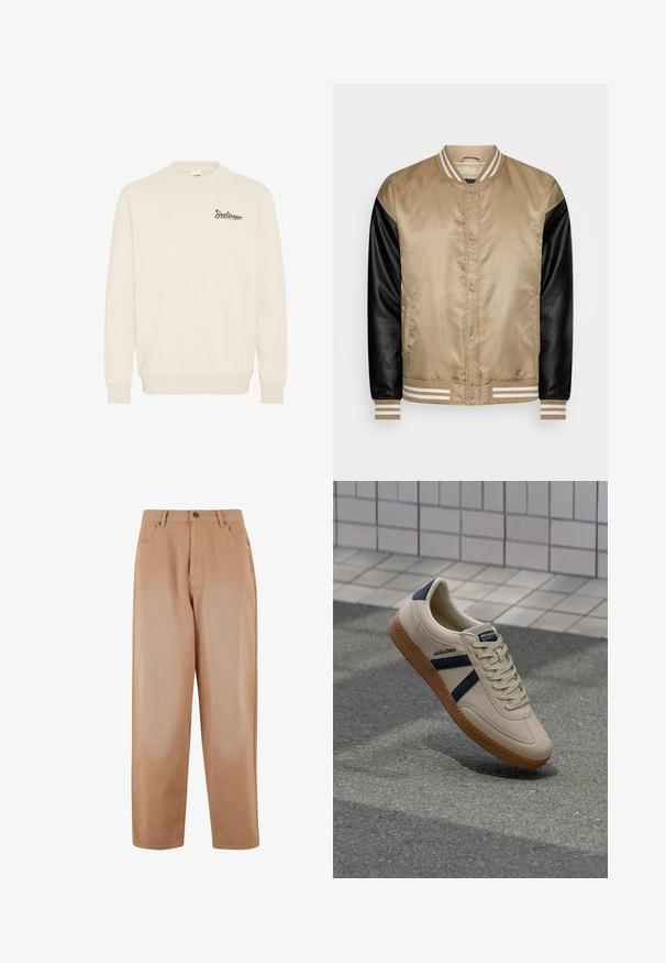 Veste bomber beige avec des manches en cuir noir. Présente des boutons-pression, un col et des poignets côtelés, et des rayures blanches sur les poignets.; Sweat-shirt beige clair à manches longues, col rond, avec un discret logo "Soulscape" en lettres foncées sur le côté gauche de la poitrine. Tissu texturé.; Pantalons larges beiges en tissu de coton doux. Dotés d'une fermeture à bouton et à glissière à l'avant, de cinq poches et de passants de ceinture.; Baskets beiges avec une finition texturée, bandes navy et semelle en caoutchouc. Équipées d'une languette rembourrée et d'un système de laçage traditionnel pour un maintien sécurisé.